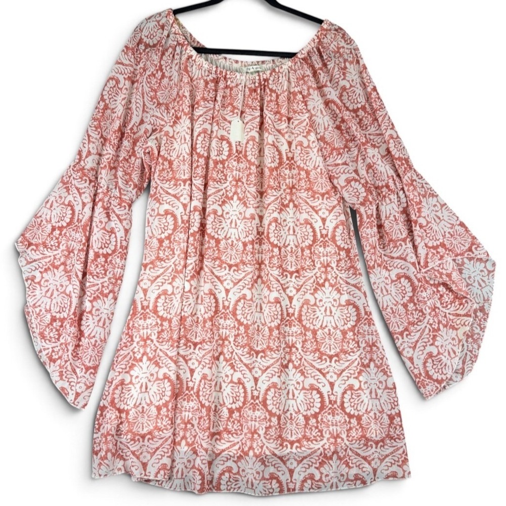 Truly 4 You Coral Damask Print Bell Sleeve Mini Dress XL Lined